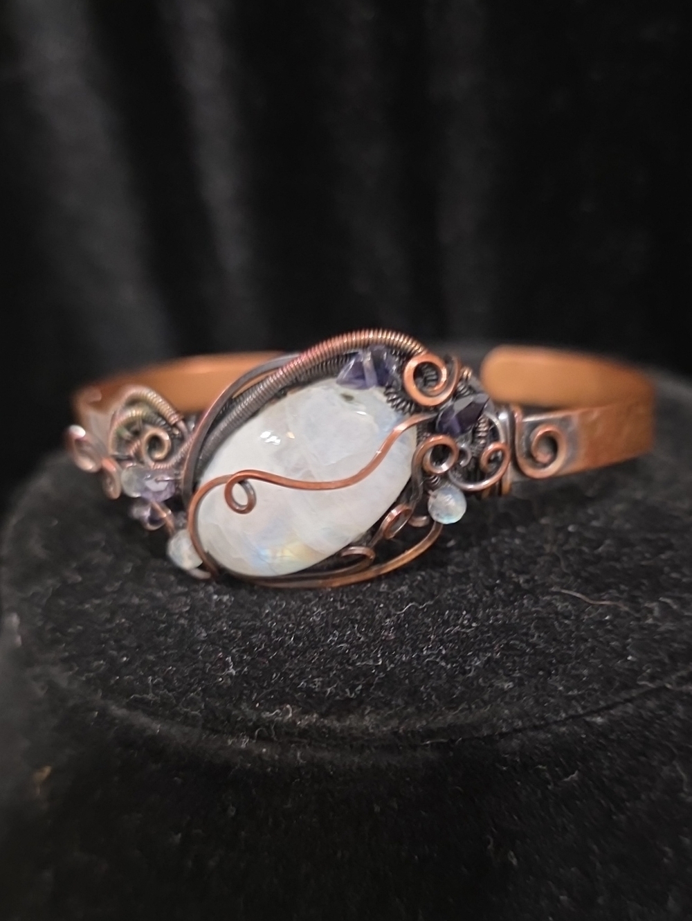Handcrafted Copper Wire Rainbow Moonstone Cuff Bracelet